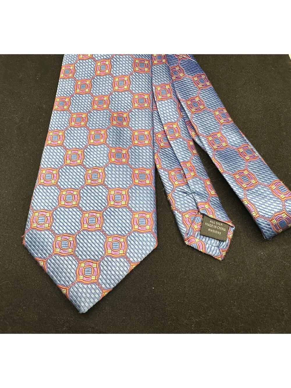 Preswick & Moore Tie in Textured Blue Silk with Pink Yellow Geometric Pattern